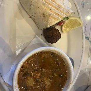 Mediterranean wrap with falafel and for soup chicken with panlino pepper