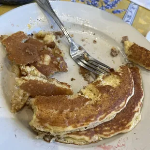 Demolished pancake! Both of us worked hard on this. Couldn't eat it all! So filling!