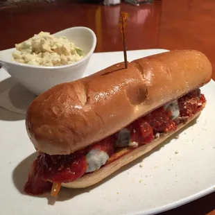 Meatball sandwich with Amish potato salad