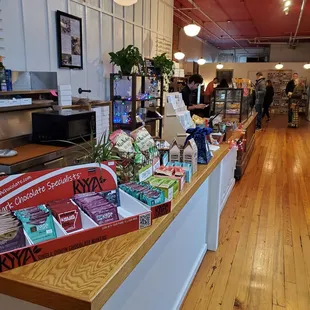 a counter with a variety of food items
