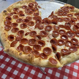 a pepperoni pizza cut in half