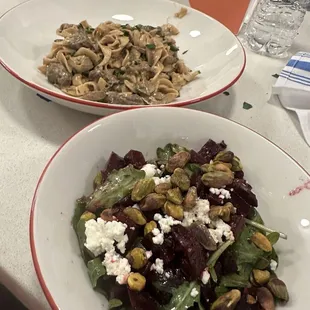 Salad and beef stroganoff