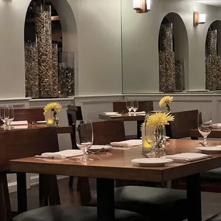 a dining room with tables and chairs