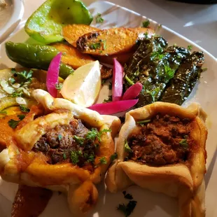 Sampler! Meat pie, veggie grape leaves, grilled veggies + baba ganoush. Extremely good.