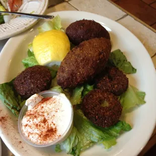 Gigantic fried kibbe and falafel from the mezza combo
