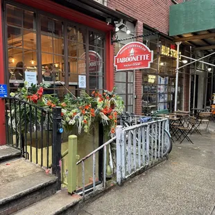 the entrance to a restaurant
