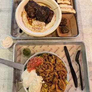 Chicken Shawarma Pan Lamb Kebab and Eggplant Hummus Bowl