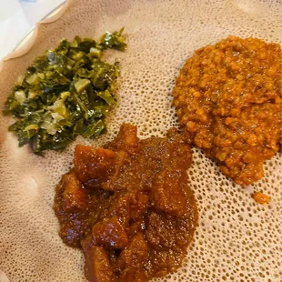 Spicy lentils, spicy potatoes, and collards