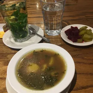 Pickles and beets to start and Yemenite soup! The mint tea was pretty awesome too.