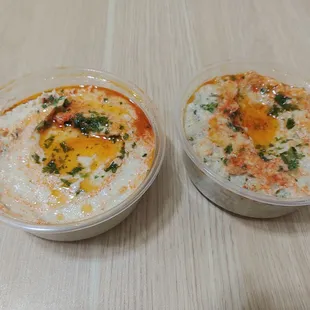 Hummus left, baba ganoosh right