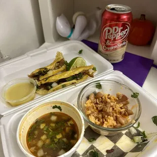 Birria Taco Combo: 4 Birria Tacos and consommé with rice and beans. Dr. Pepper is from the grocery store next door.
