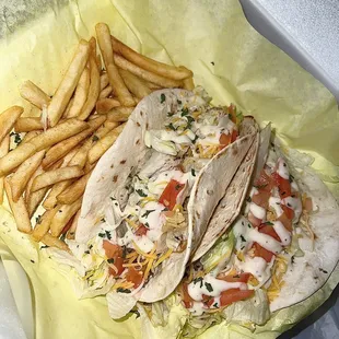 two tacos and french fries
