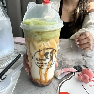 Brown sugar matcha with crystal boba