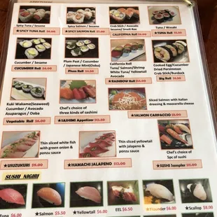 menu, sushi and sashimi