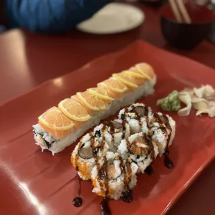 49er - California roll with salmon and lemon slices- $13: Double Oh- salmon, unagi, escolar inside - $12