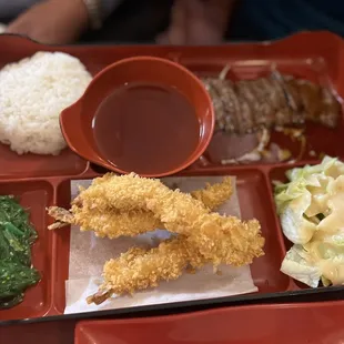 Beef teriyaki and shrink tempura dinner bento box $18