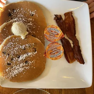 Chocolate chip pancakes + bacon + potatoes
