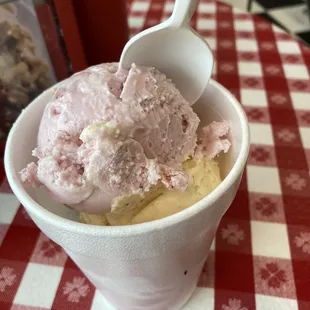 my cup of three flavors of hand-dipped ice cream