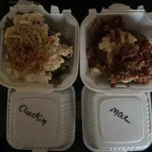 Cluckin is ( Pulled Chicken) and Mac is ( Pulled Pork) both grt! 5 STAR