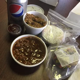 Pork (no bun), baked beans, whooping pie, ice cream sandwich and a soda. Yum! $14.00