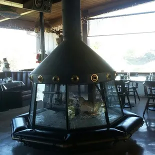 Inside cafe has a cool fire place
