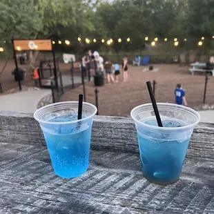 two cups of blue liquid on a picnic table