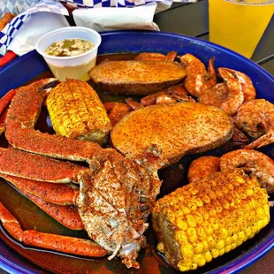 crab legs and corn on the cob