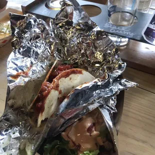 BBQ taco and Chicken BLAT taco. The sauces they added on top were so cold that it made the whole taco cold, soggy and inedible.