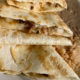 Close-up of the shrimp quesadilla