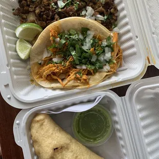 Pollo taco, pastor taco and empanada