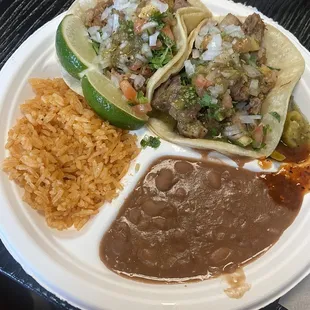 Combo #1 with carnitas tacos, rice and beans