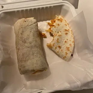 Chicken Burrito with half a quesadilla