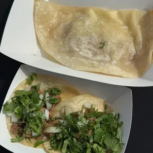 Asada Taco, Carnita Taco, and Carnita Quesadilla