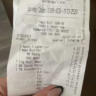 My recipt on what I ordered