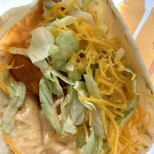 Spicy Potato Soft Taco (potatoes, chipotle sauce, cheese, lettuce); IG: @katzlundell