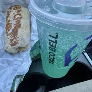 Grande bacon breakfast burrito and free Baja Blast drink