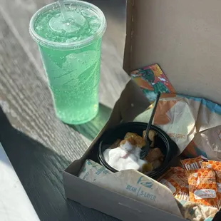 MTN DEW Baja Blast Zero Sugar Cheesy Fiesta Potatoes Bean Burrito Mild Sauce Packet