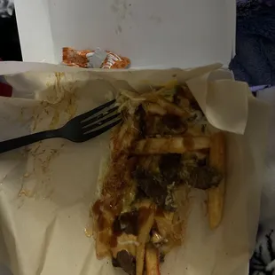 Opened box Grilled Cheese Nacho Fries - Steak and this is what I got this isn't even a full portion for the amount that was paid .