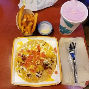 Mexican pizza, nacho fries, and pink lemonade