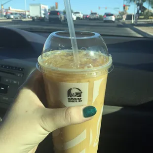 This is what you get when you ask for an iced coffee at Taco Bell. Could taste the sugar that wasn&apos;t dissolved it the drink.