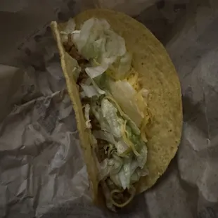 Taco with no potatoes, no beans, barely any meat and ridiculous amount of lettuce. All freaking 3 were this way.