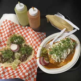 Asada Tacos, Wet Burrito and Chicken Tamale