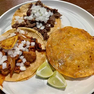 Carne al Pastor Tacos, Asada Taco, and Quesabirria (no cilantro)