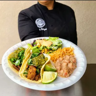 Street tacos, rice, beans, and our boss salad