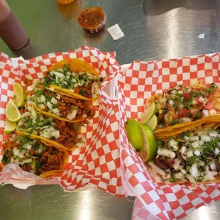 Asada, pastor on the left. Shrimp and Tri-tip on the right