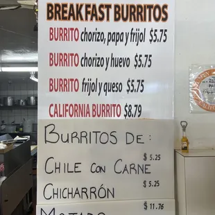 New breakfast burritos/ special burritos menu