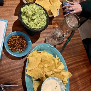 Guac, queso, and free chickpeas