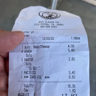 a receipt for a taco