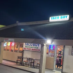 Outside. Good Mexican food, good prices!