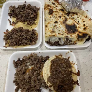 2 tacos de asada, quesadilla de asada, vampiro de asada &amp; taco de cabeza (bottom)